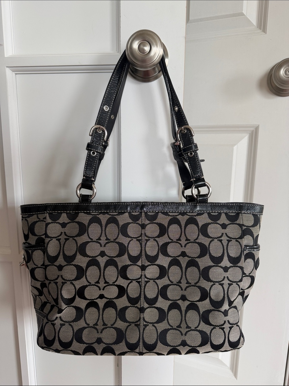 Coach Black and Tan Signature Tote with Leather Trim - Picture 2 of 11